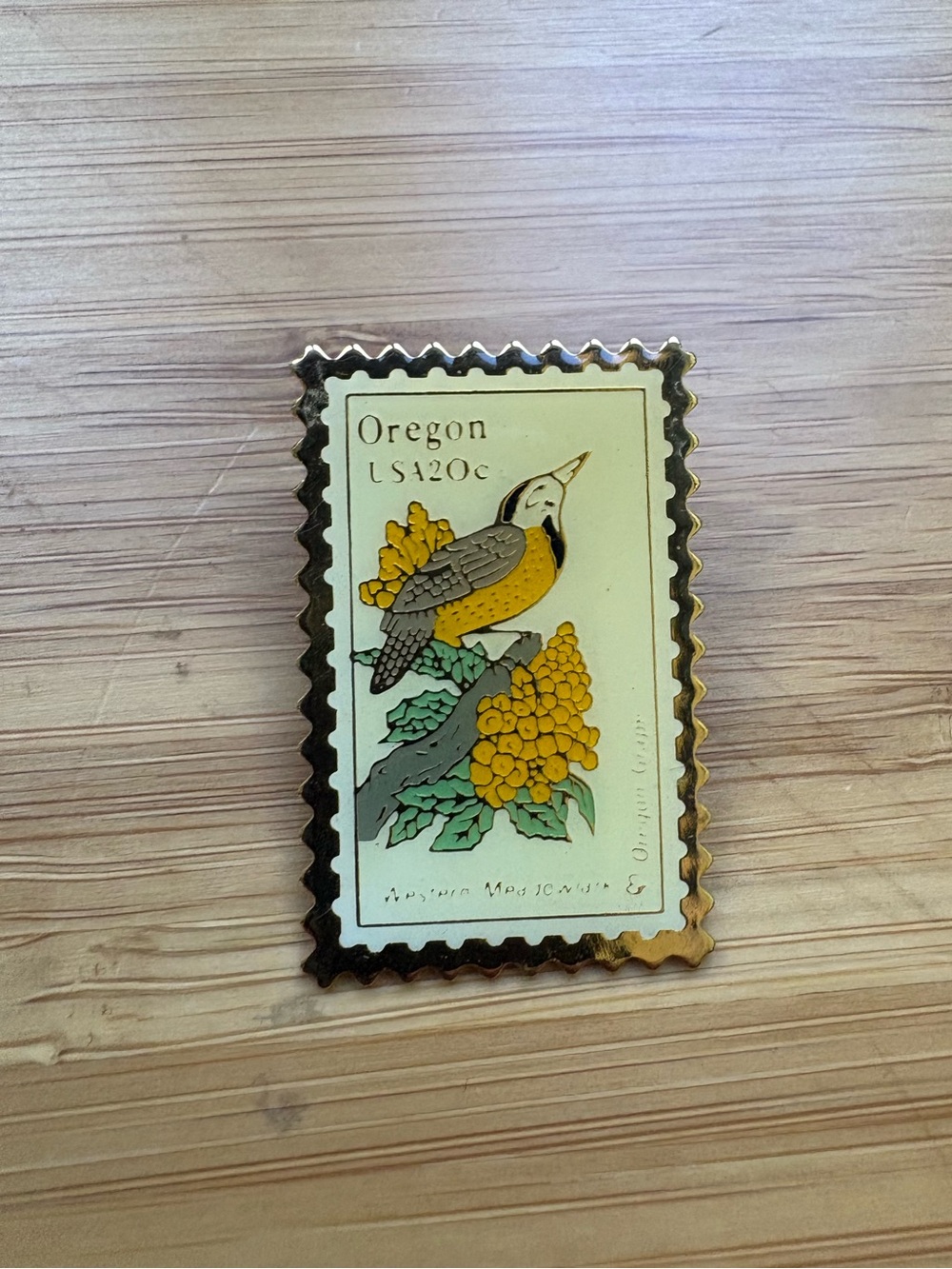 Oregon State Bird Flower Stamp Pin Vintage 1982 Enamel Lapel Souvenir Pin